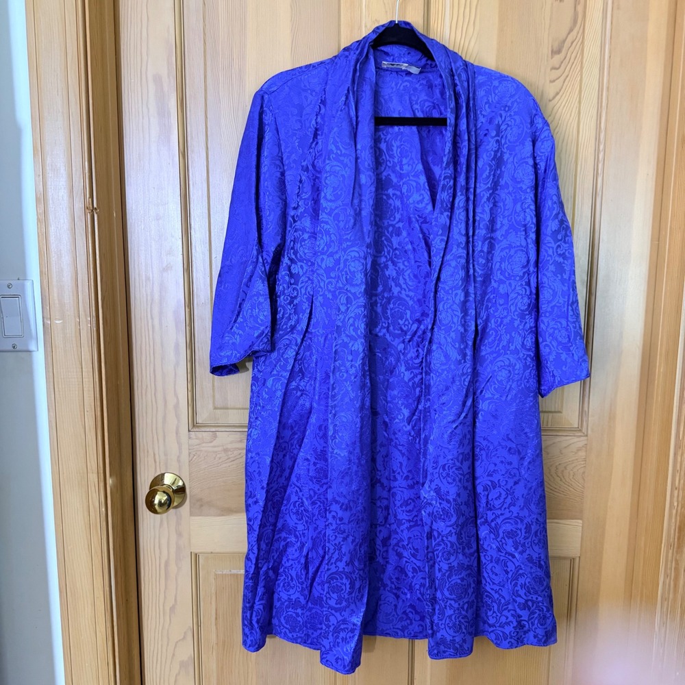 AO.LA XS/S Royal Blue Floral Damask Brocade Jacquard Kimono Duster Pocket Whimsy